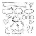 Set of speech bubbles, banner, arrows and other graphic elements in doodle style.